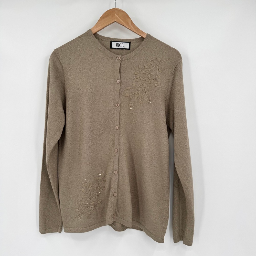 Bicé Light Brown Button Front Embroidered Knit Long Sleeve Sweater Women's